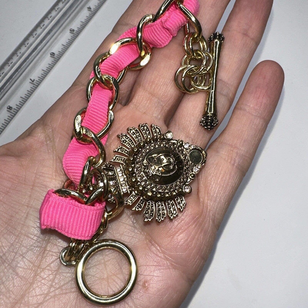 Juicy‎ Couture Gold Save The Queen Perfume Charm Bracelet Gold Links Pink Ribbon